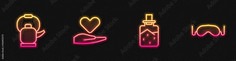 Set line Spa salt，Kettle with handle，Heart on and Eye睡眠面膜。闪闪发光的霓虹灯图标。Vector