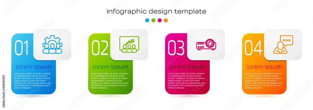 Set line Project team base, , Media projector and Speech bubble chat. Business infographic template.