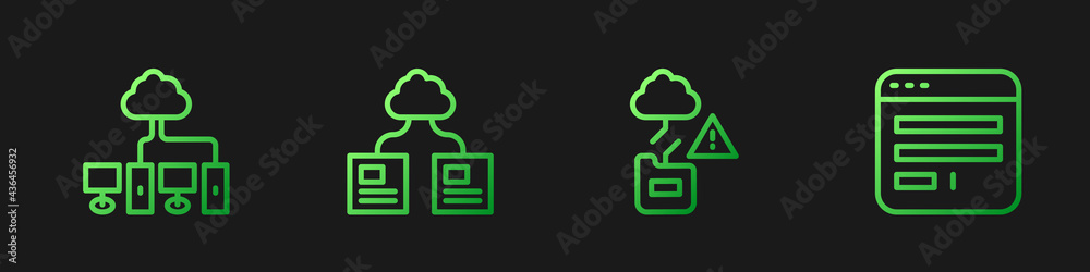 Set line Cloud technology data transfer, Computer network, and Browser window. Gradient color icons.