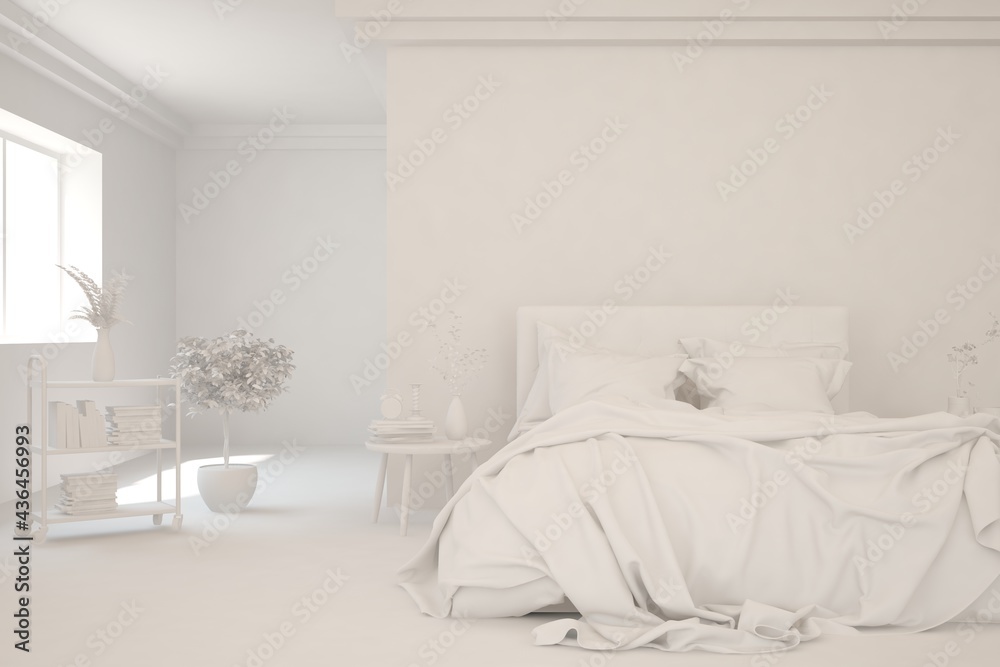 Modern bedroom in white color. Scandinavian interior design. 3D illustration