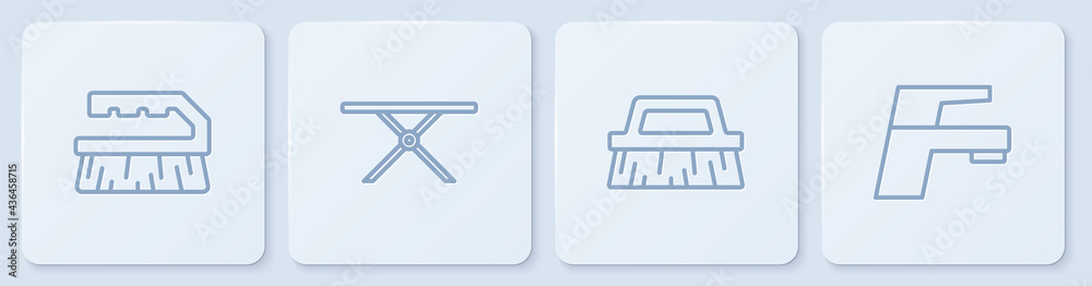 设置线刷用于清洁、熨板和水龙头。白色方形按钮。矢量