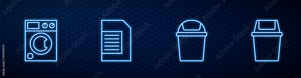 Set line Trash can, Washer, Laundry detergent and . Glowing neon icon on brick wall. Vector