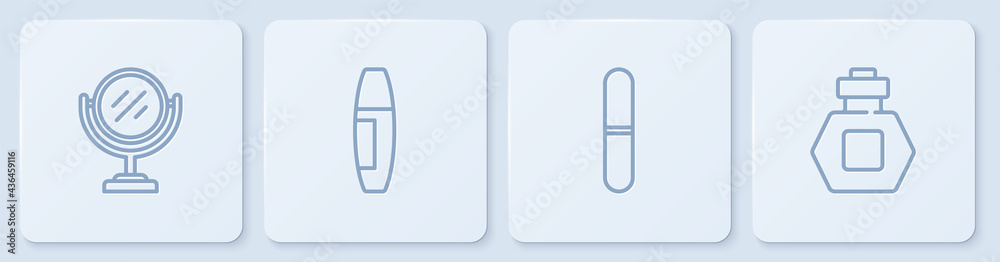 设置线条圆形化妆镜、指甲锉、睫毛刷和香水。白色方形按钮。矢量