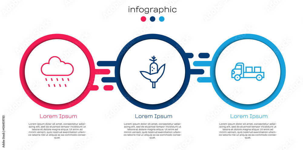 Set line Cloud with rain, Corn and Pickup truck. Business infographic template. Vector