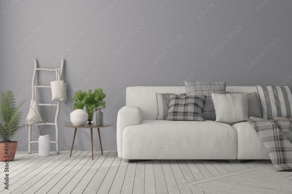 Mock up of  living room with sofa with grey wall. Scandinavian interior design. 3D illustration