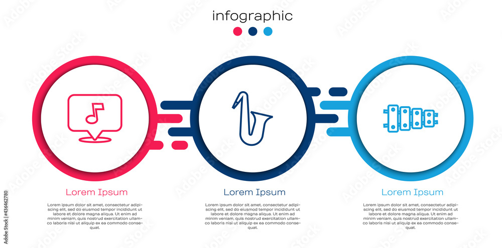 设置音乐音符、音调、乐器萨克斯和木琴。商业信息图模板