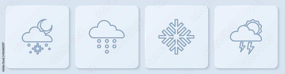 Set line Cloud with snow and sun, Snowflake, rain and Storm. White square button. Vector