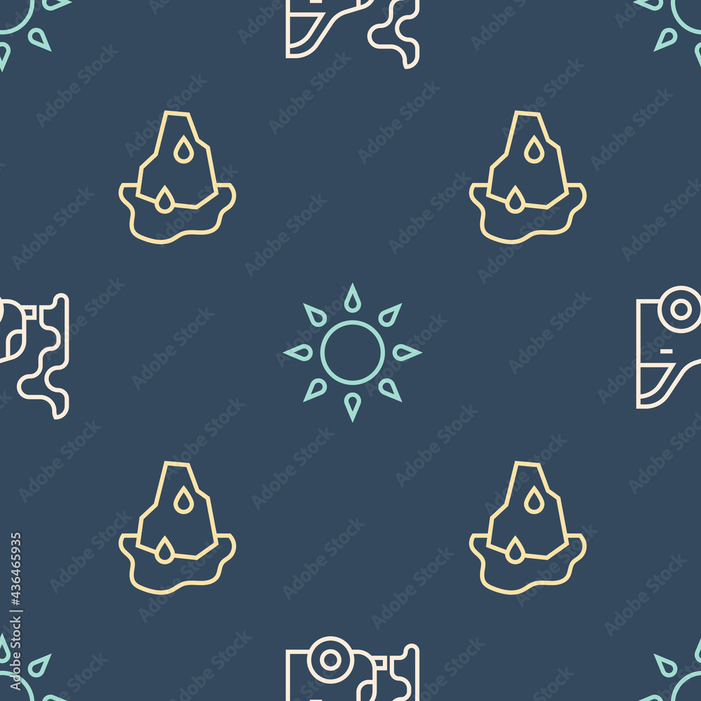 Set line Car exhaust, Glacier melting and Sun on seamless pattern. Vector