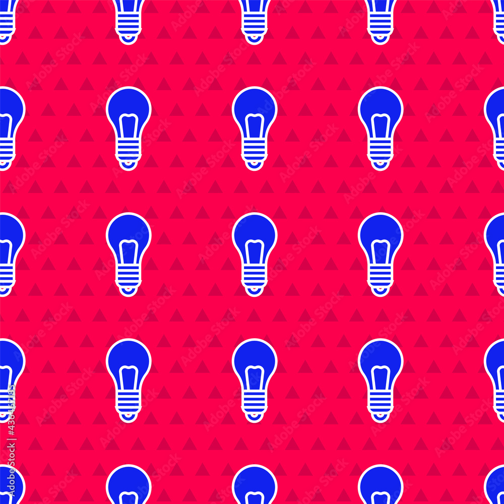 Blue Light bulb with concept of idea icon isolated seamless pattern on red background. Energy and id