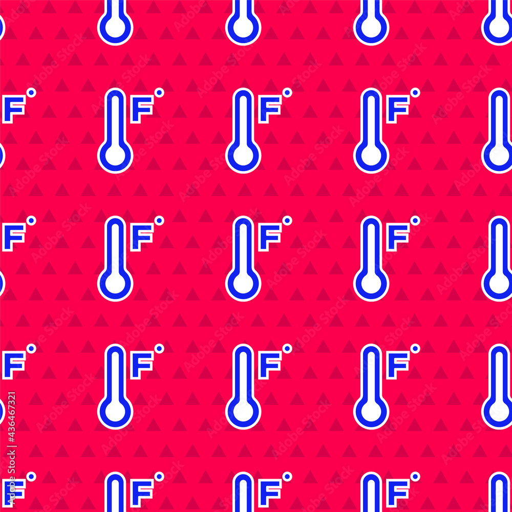 Blue Meteorology thermometer measuring heat and cold icon isolated seamless pattern on red backgroun