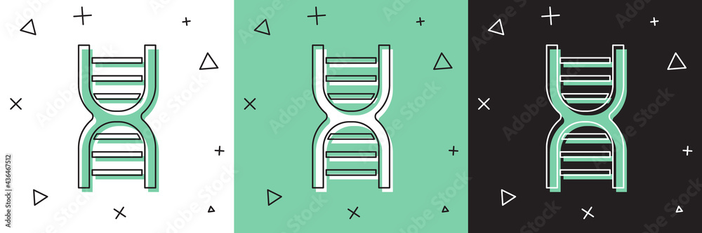 将DNA符号图标隔离在白色和绿色、黑色背景上。矢量