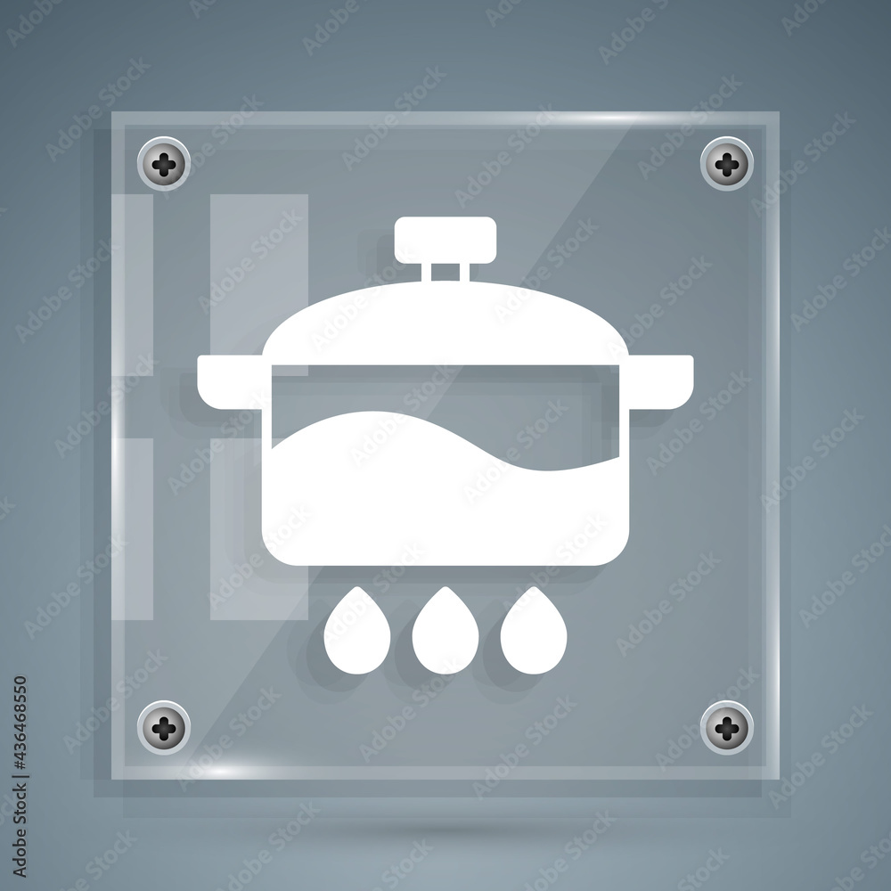 White Cooking pot icon isolated on grey background. Boil or stew food symbol. Square glass panels. V