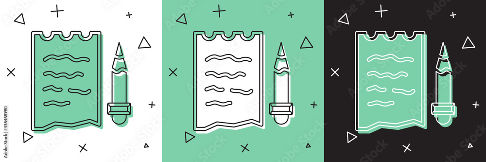 Set Shopping list and pencil icon isolated on white and green, black background. Vector