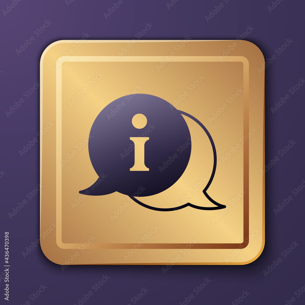 Purple Information icon isolated on purple background. Gold square button. Vector