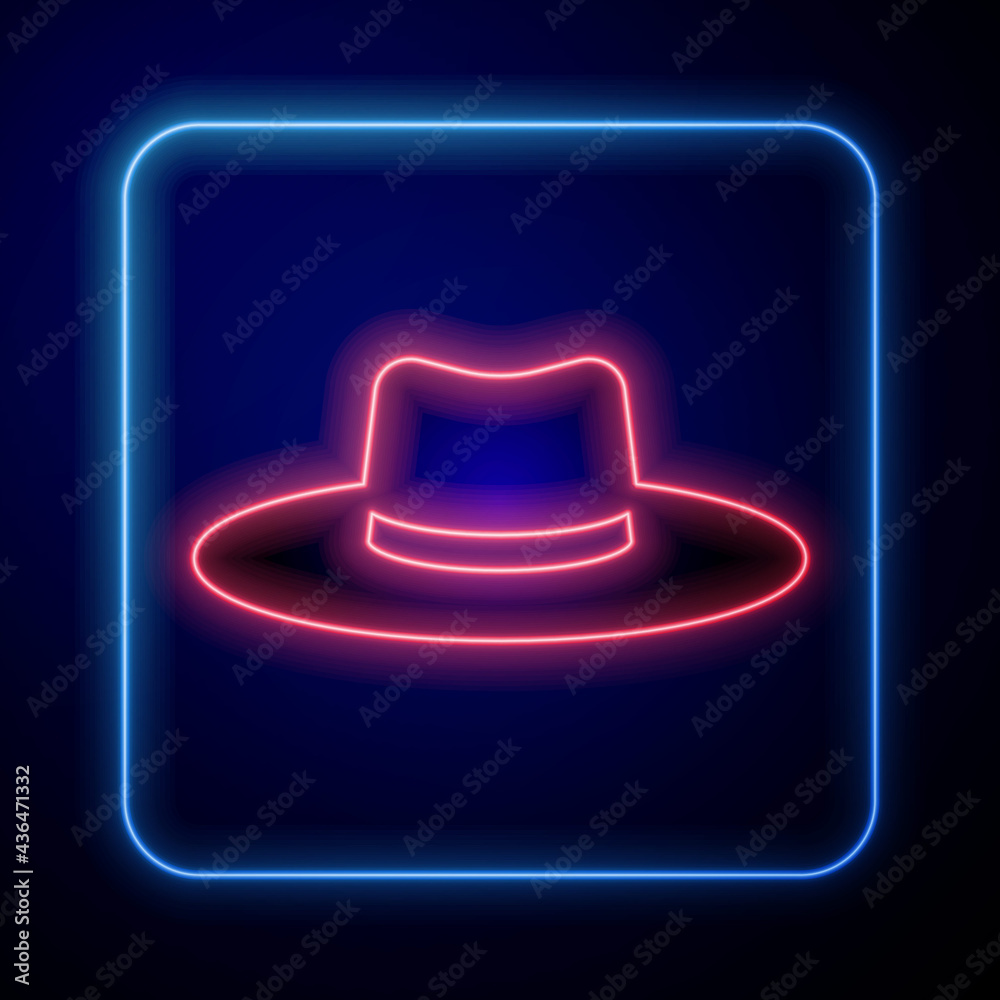 Glowing neon Gardener, farmer or agricultural worker hat icon isolated on black background. Vector