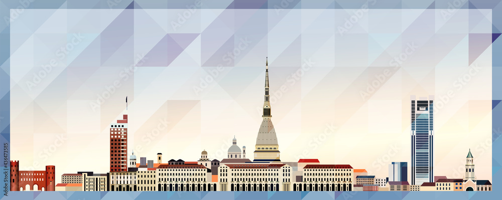 Turin skyline vector colorful poster on beautiful triangular texture background