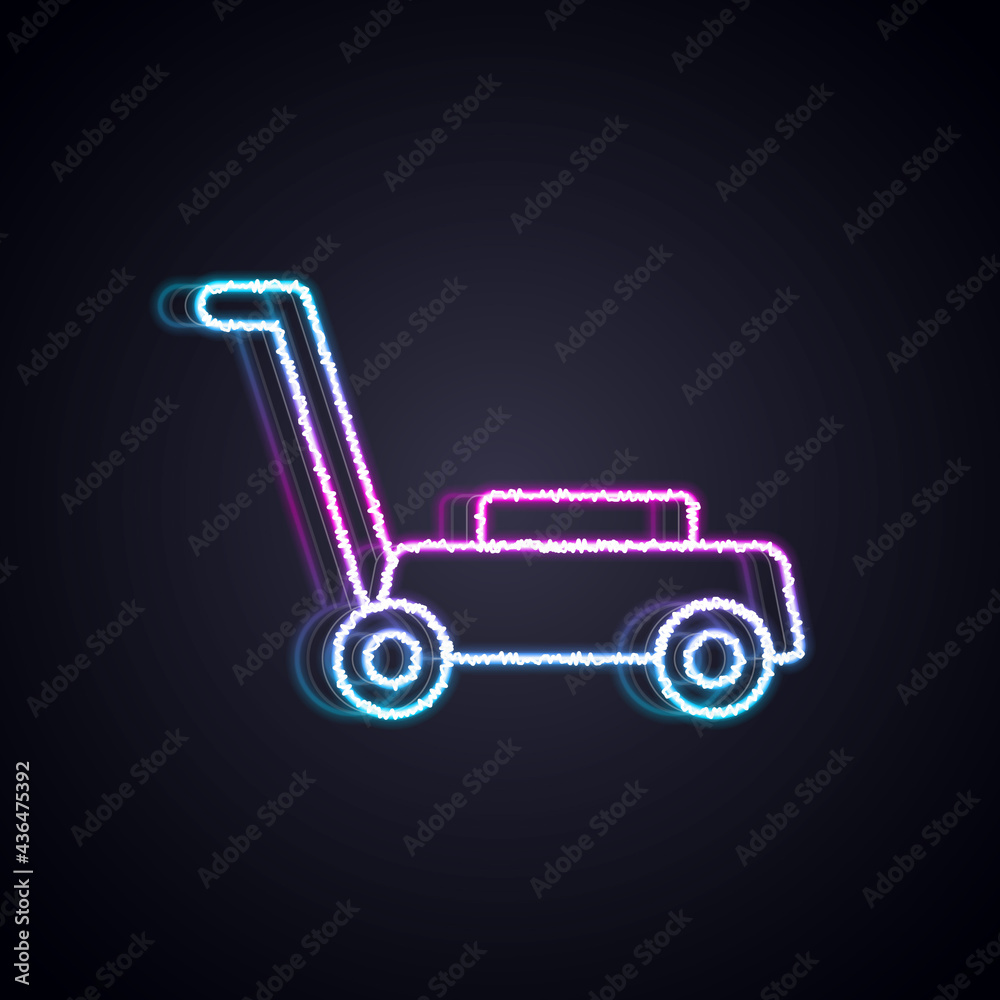 Glowing neon line Lawn mower icon isolated on black background. Lawn mower cutting grass. Vector