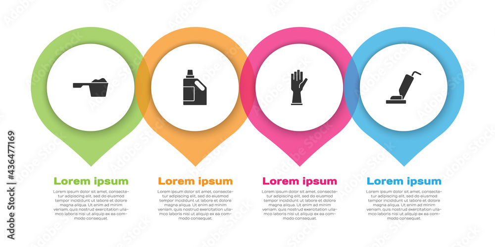 套装洗衣粉、清洁剂瓶、橡胶手套和吸尘器。商业信息图