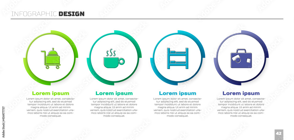套装，配有托盘、咖啡杯、酒店客房床和手提箱。商业信息图模板。Vecto