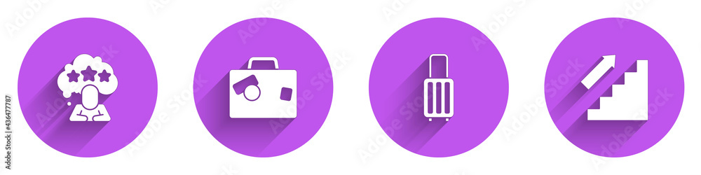 Set Five stars rating review, Suitcase, and Stairs up icon with long shadow. Vector