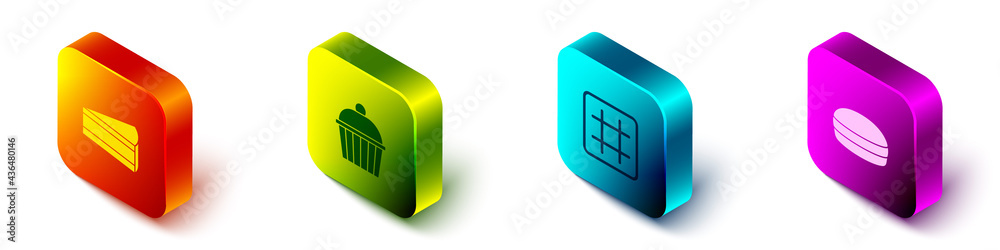 Set Isometric Piece of cake, Cake, Waffle and Macaron cookie icon. Vector