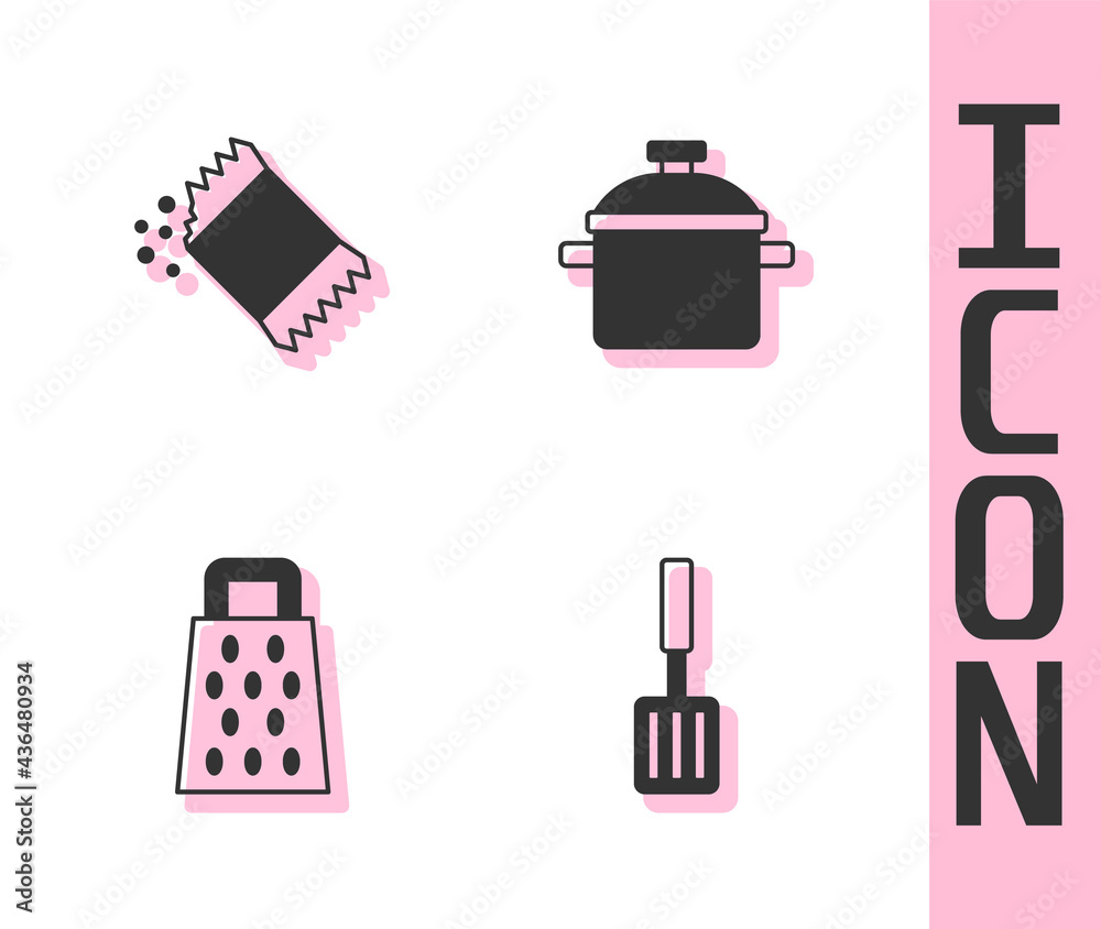 Set Barbecue spatula, Packet of pepper, Grater and Cooking pot icon. Vector