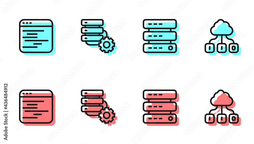 Set line Server，Data，Web Hosting，Software，and gear and Cloud technology Data transfer icon.Vect（设置线服