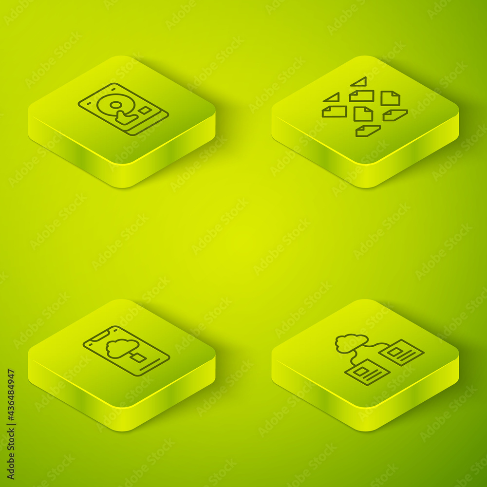 Set Isometric line Data stream, Cloud technology data transfer, and Hard disk drive HDD icon. Vector