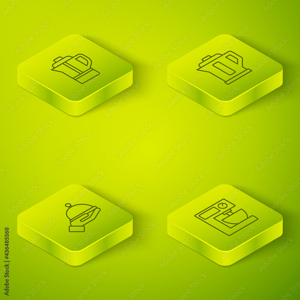 Set Isometric line Electric kettle, Covered with tray, mixer and Teapot icon. Vector