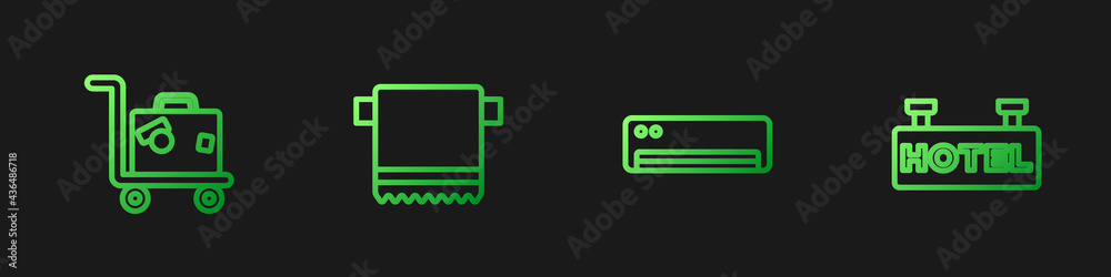 带酒店文字的空调、手提箱、毛巾架和标志牌。渐变色图标