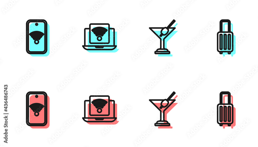 Set line Martini glass，Mobile with wi-fi wireless，wireless笔记本电脑和手提箱图标。Vector