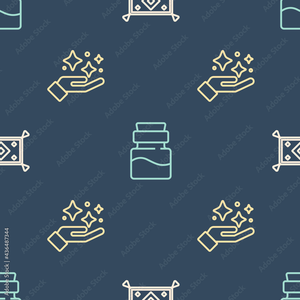 Set line Magic carpet, Sparkle stars with magic trick and Bottle potion on seamless pattern. Vector