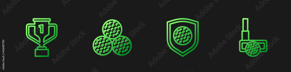 Set line Golf ball with shield, Award cup golf, and club. Gradient color icons. Vector