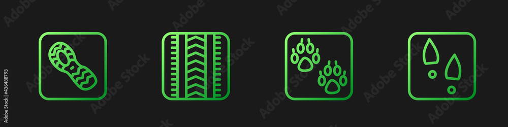 Set line Paw print, Human footprints shoes, Tire track and . Gradient color icons. Vector