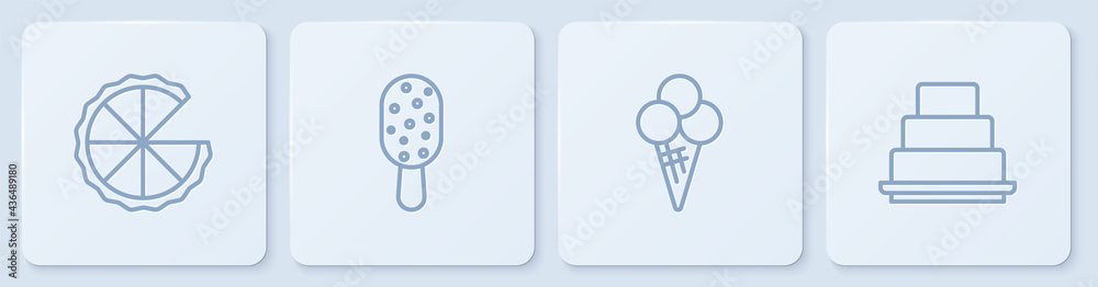 Set line Homemade pie, Ice cream in waffle cone, and Cake. White square button. Vector