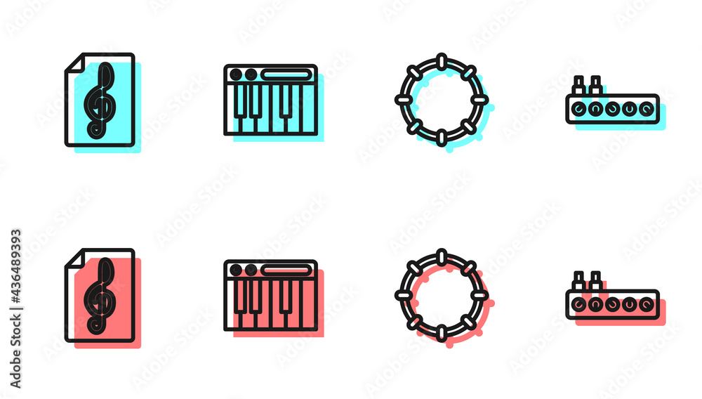 Set line Tambourine, Treble clef, Music synthesizer and Sound mixer controller icon. Vector