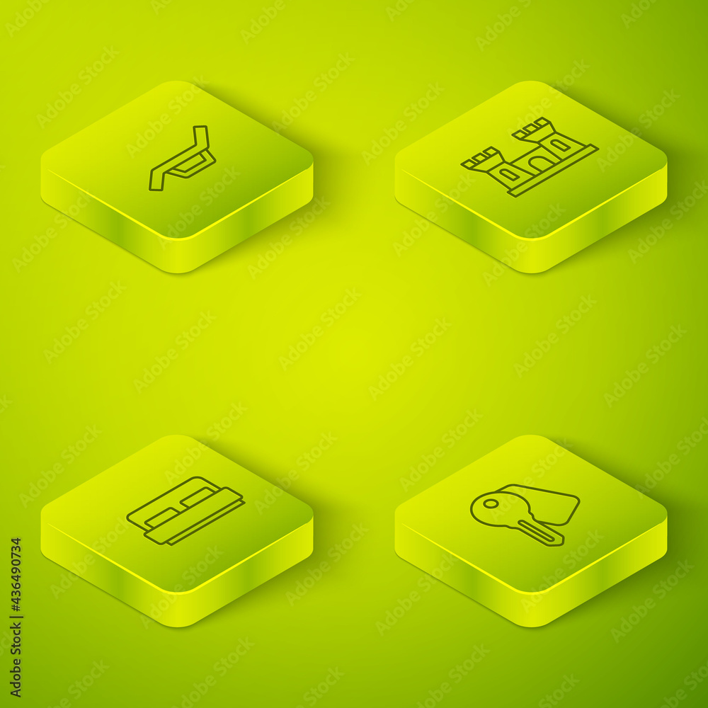 Set Isometric line Sand castle, Hotel room bed, door lock key and Sunbed umbrella icon. Vector