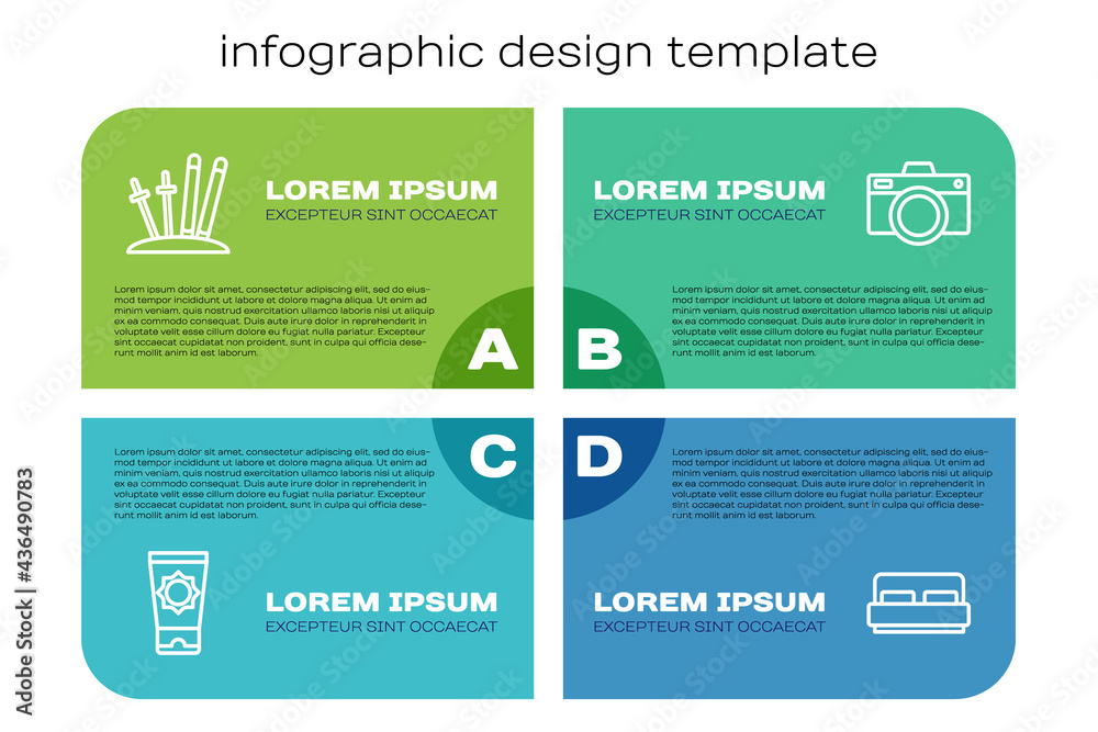筒管定型防晒霜、滑雪板和滑雪棒、酒店客房床和照相/摄像机。商务信息图