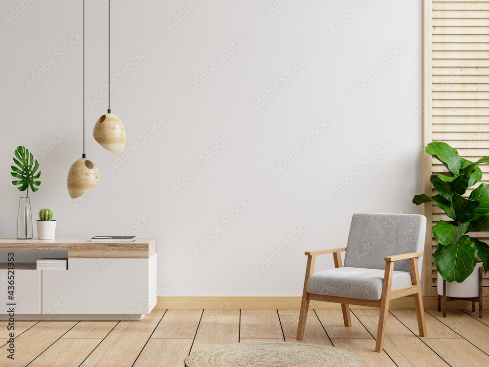 Living room interior wall mockup in warm tones,gray armchair with wood cabinet.