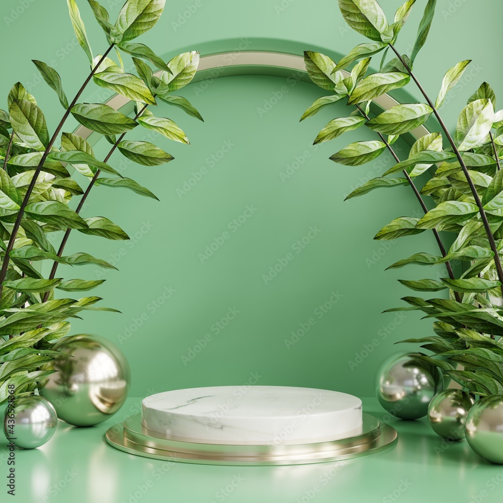 Podium display with Tropical leaf background,wall green.