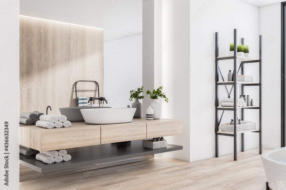 Modern eco style bathroom with wooden decoration, floor and countertop under washbasin, black stand 