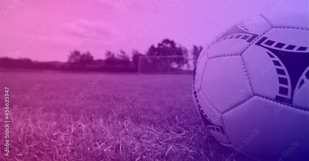 Composition of football on white line on grass pitch with copy space and purple tint