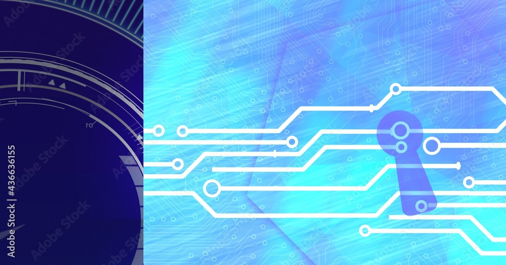 Composition of computer motherboard circuits with circular scope and keyhole on blue