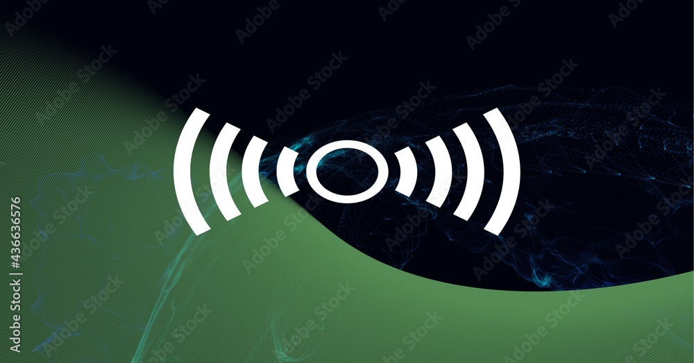 Composition of white surround sound icon on green and black background with smoke trails