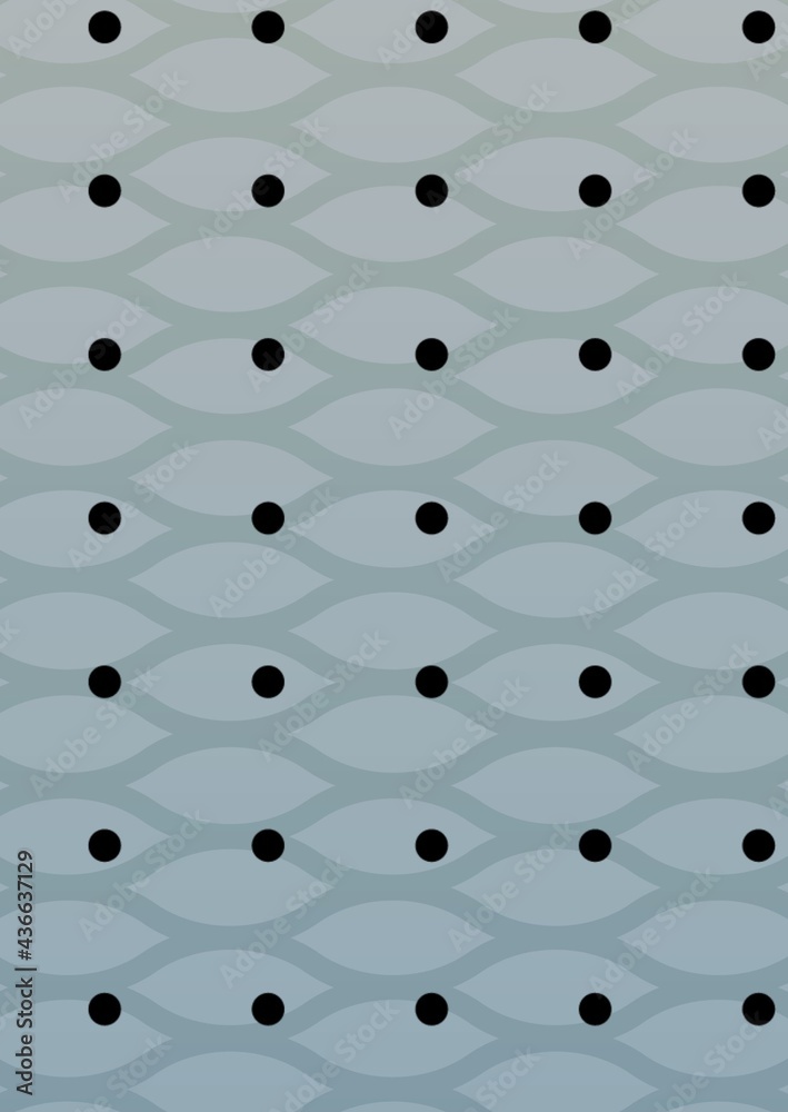 Composition of multiple rows of black spots over pattern on grey background