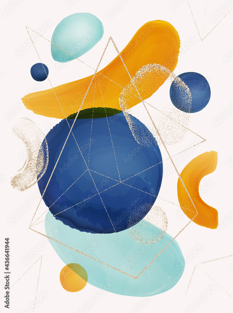 Abstract and geometric shapes on poster, brushes and gold glitter decoration. Wallpapers and backgro