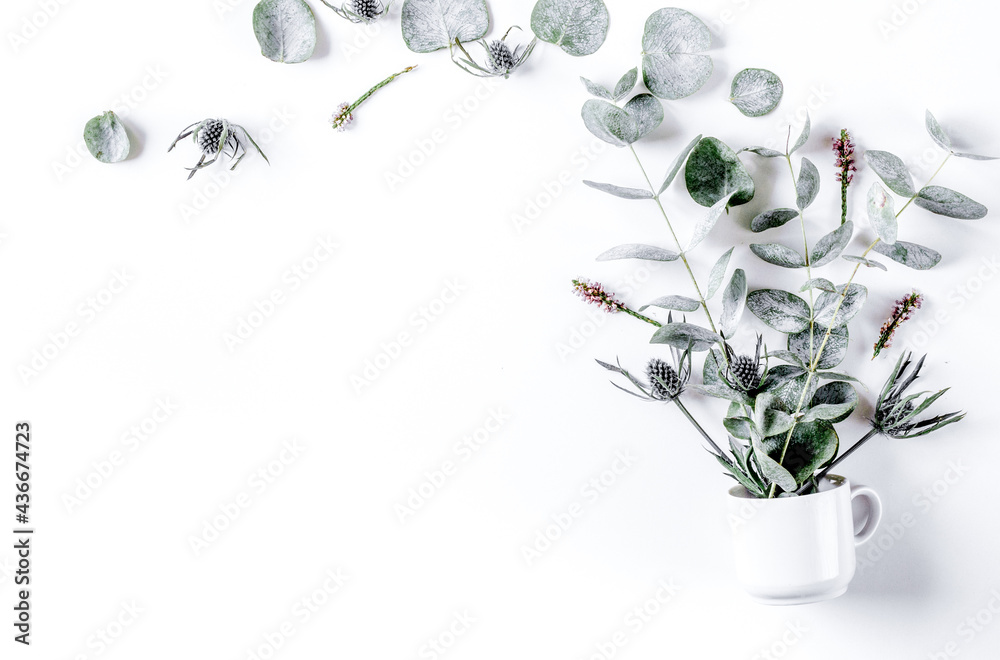 spring with morden herbal mockup on white background top view