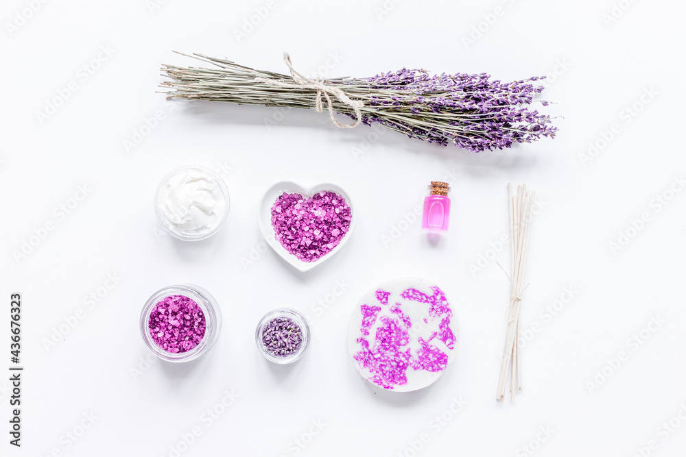 lavender flowers in organic cosmetic set on white background top view mock-up