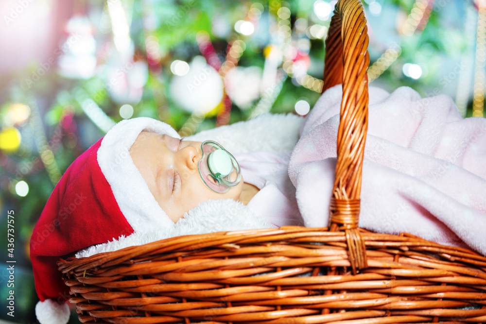 Baby girl sleep in basket under Christmas tree