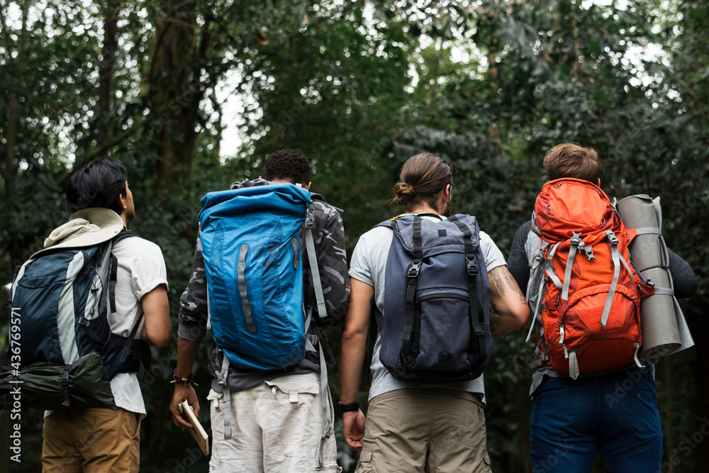 Trekking together in a forest